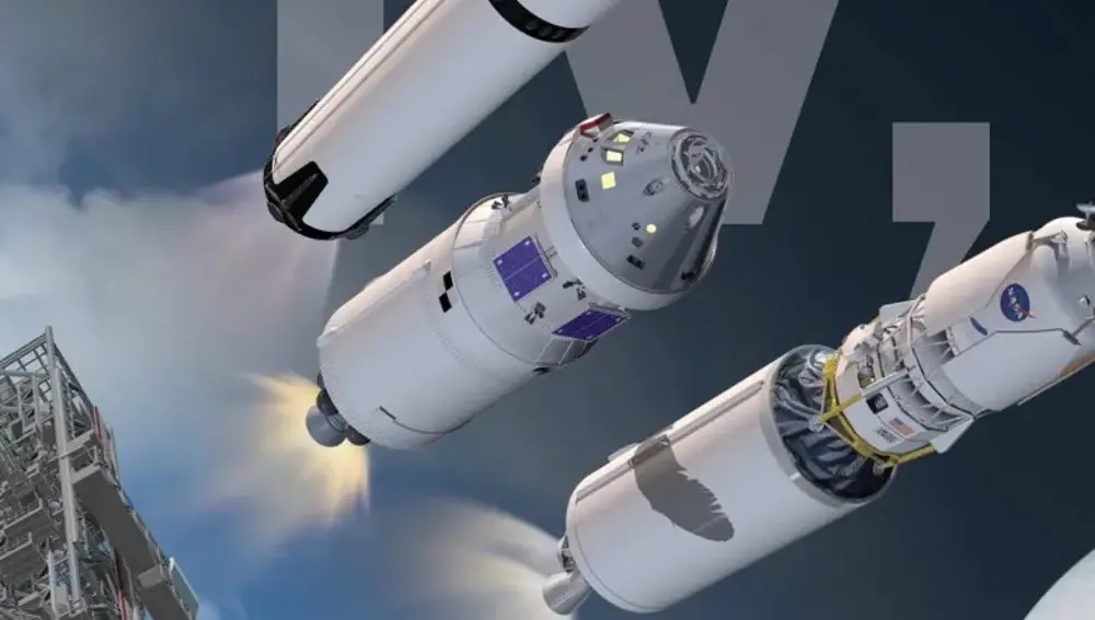 中央にケンタウロスの上段とオリオンのカプセルを描いた NASA のインフォグラフィック。 