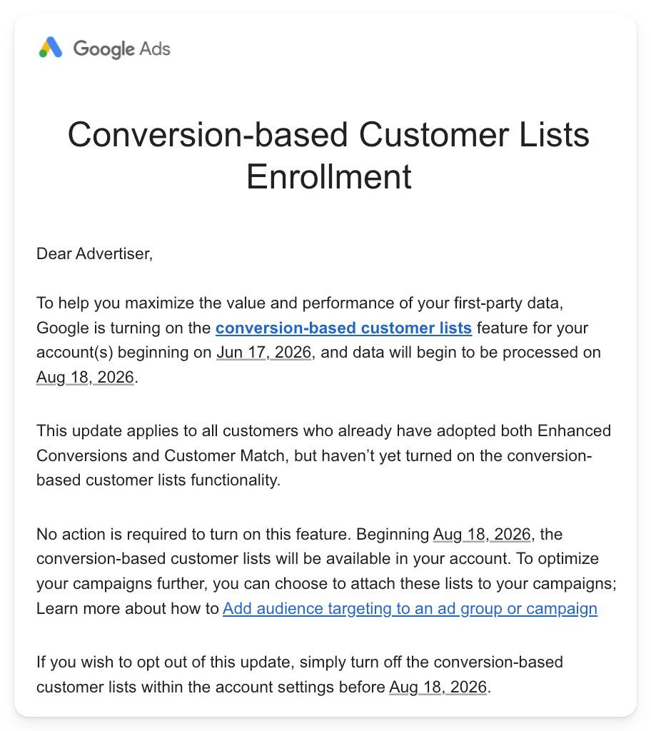 Google 広告のコンバージョン ベースの顧客リストのメール