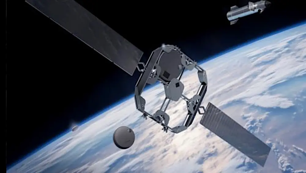 スターシップを背景に、衛星から分離するスターフォールを再現。