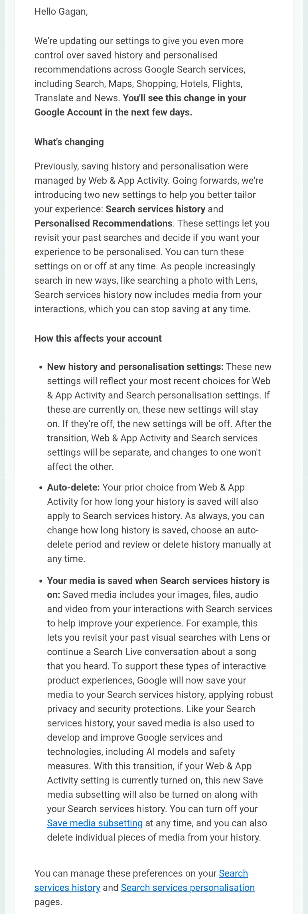 Google 検索のパーソナライゼーション メール