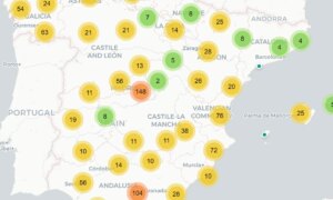 スペインの火災による道路閉鎖：マドリッド、トレド、アビラ、カステリョンの交通状況の地図
