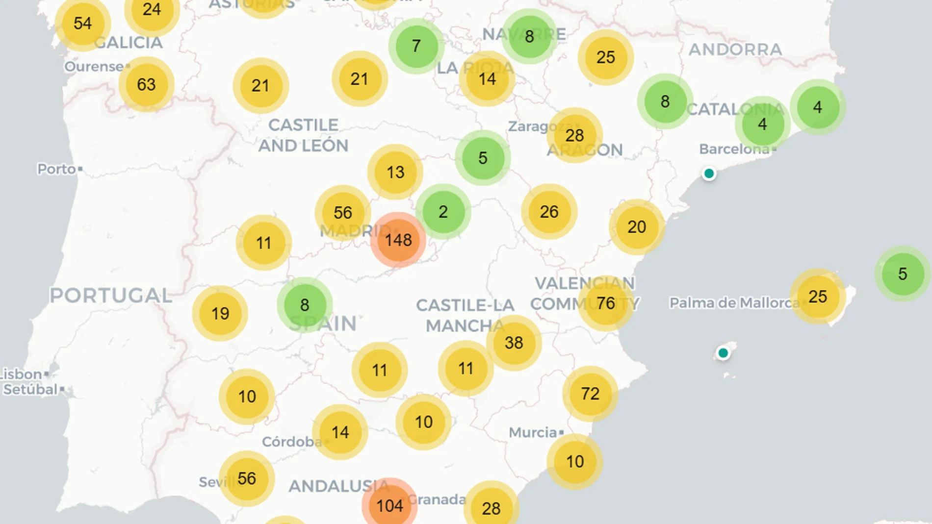 スペインの火災による道路閉鎖：マドリッド、トレド、アビラ、カステリョンの交通状況の地図