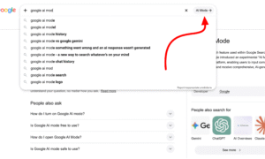 Google 検索バーの結果ページのテスト AI モード ボタン