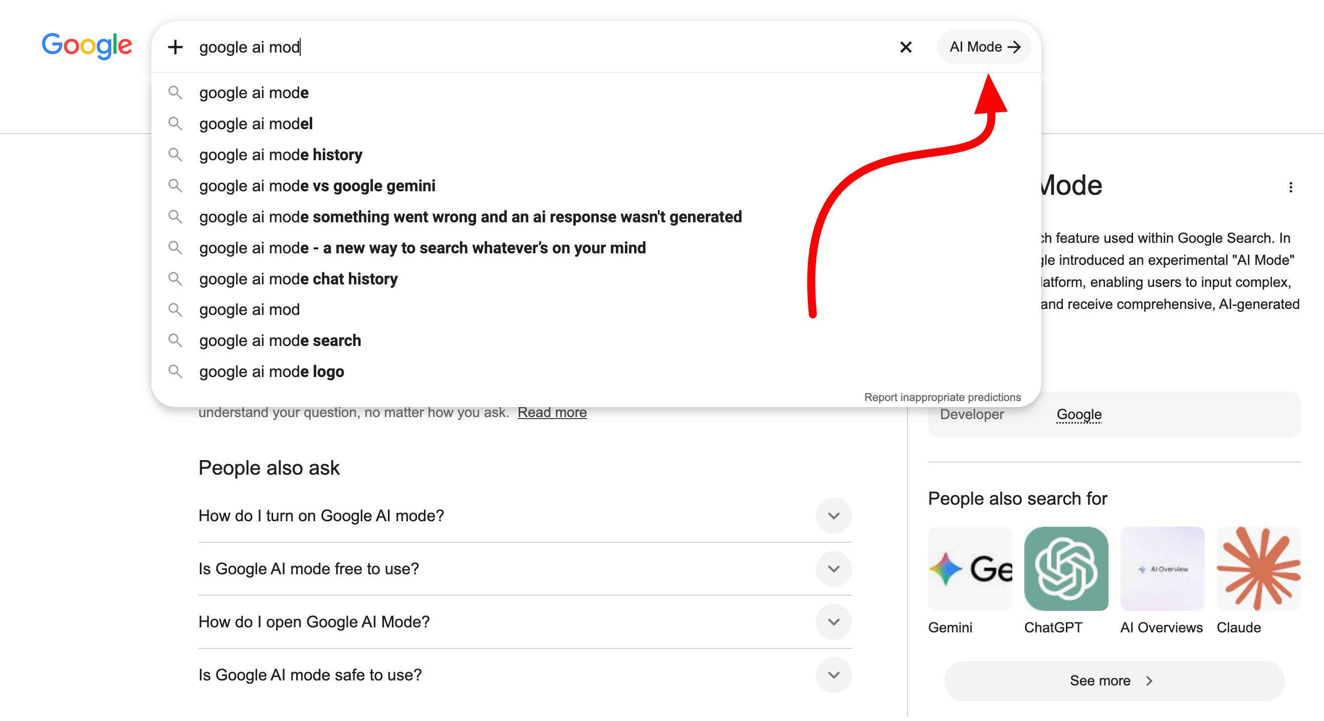 Google検索バー Aiモードボタン