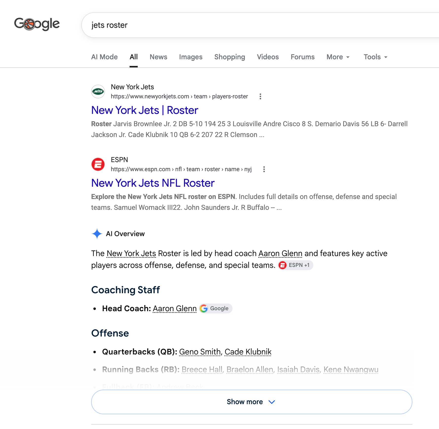 ジェッツの名簿 Google Ai の概要