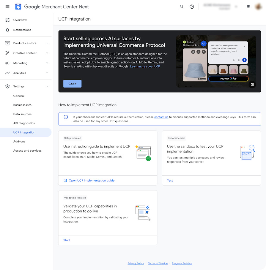 Google Merchant Center UCP ハブ