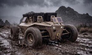 敵の攻撃下で物資を輸送するように設計され、対ドローンショットガンを装備した無人SUV