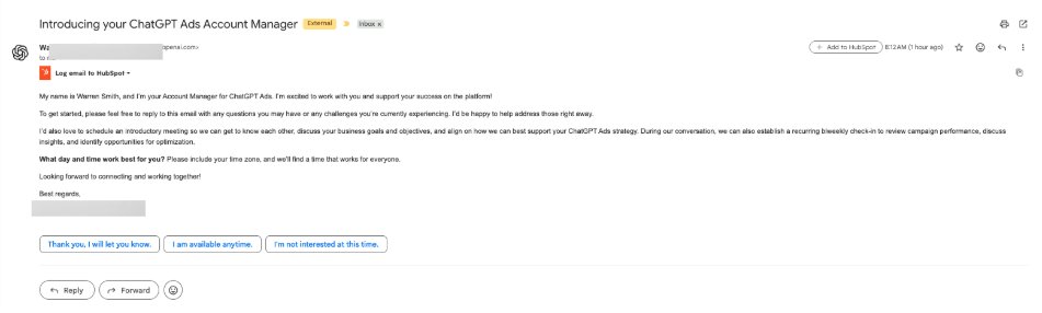 Openai Chatgpt 広告アカウント マネージャーのメールアドレス